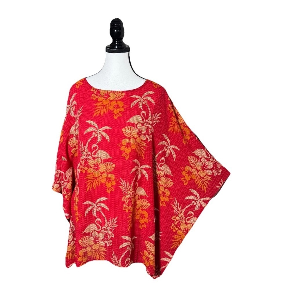 Quacker Factory Orange Poncho Blouse SZ S Palm Trees Flamingo Kimono Caftan Top